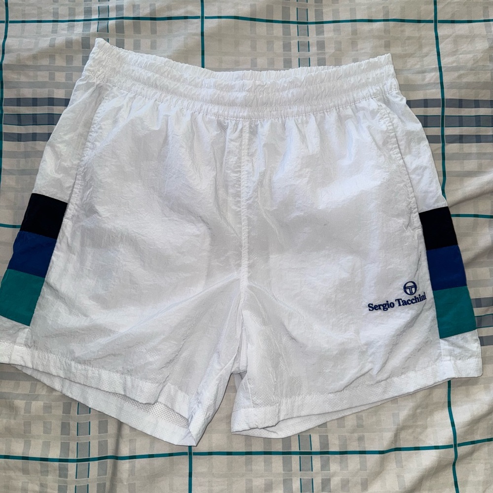 Sergio Tacchini White Hybrid Shorts with Navy & Teal Side Panels